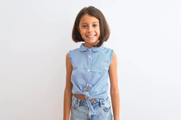 Giovane Bella Bambina Indossa Camicia Blu Casual Piedi Sfondo Bianco — Foto Stock