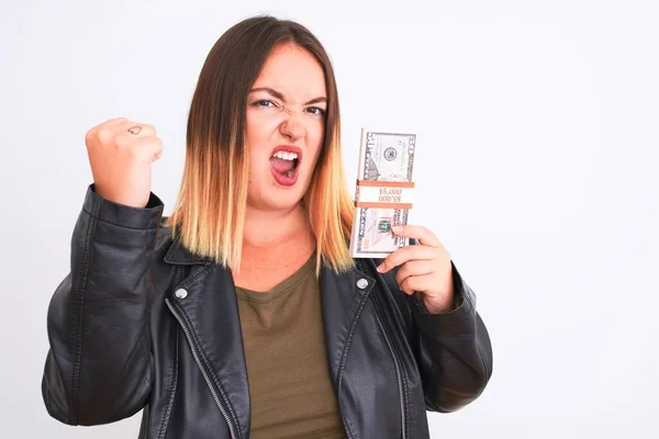 Junge Schöne Frau Mit Dollars Vor Isoliertem Weißem Hintergrund Genervt — Stockfoto