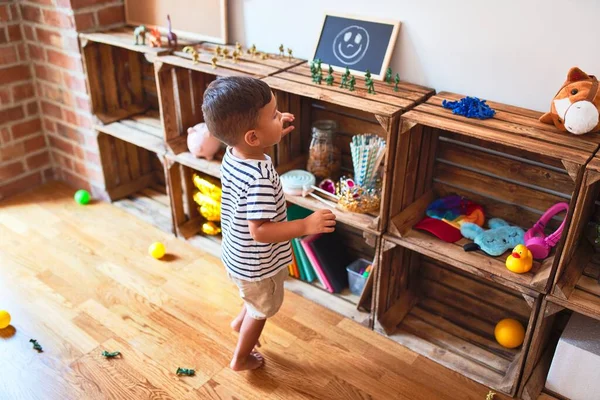 Beautiful Toddler Boy Playing Figurine Army Soldiers Kindergarten — Stock Photo, Image