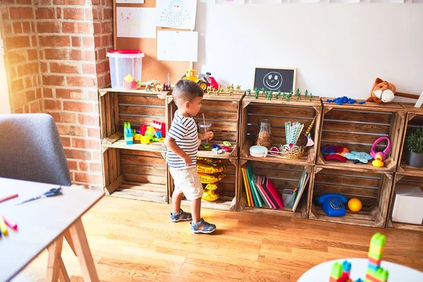 Beautiful Toddler Boy Standing Kindergarten Lots Toys — Stock Photo, Image