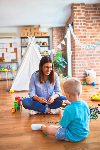 Young Caucasian Child Playing Playschool Teacher Mother Son Playroom Bulding — Stock Photo, Image