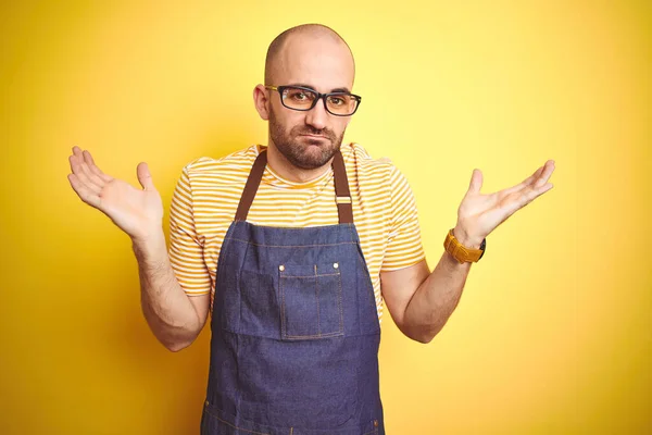 Young Bartender Man Wearing Barista Apron Working Professional Yellow Background — Stock Photo, Image