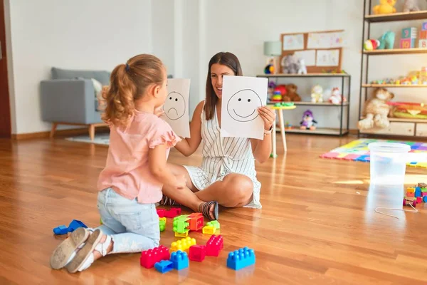 Beautiful Psycologist Blond Toddler Girl Sitting Floor Doing Therapy Using — Stock Photo, Image