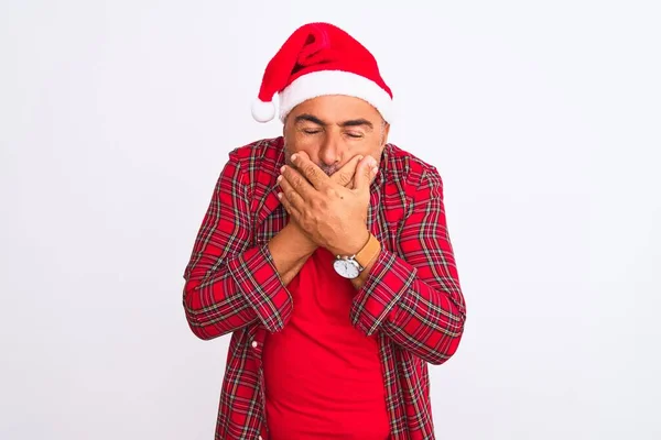 Hombre Mediana Edad Con Sombrero Navidad Santa Pie Sobre Fondo — Foto de Stock