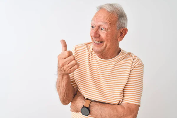 Senior Gråhårig Man Bär Randig Shirt Stående Över Isolerad Vit — Stockfoto