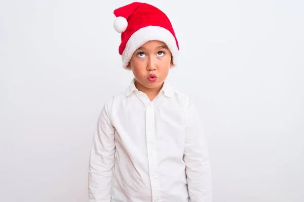 Όμορφο Παιδί Αγόρι Φορώντας Χριστούγεννα Σάντα Καπέλο Στέκεται Πάνω Από — Φωτογραφία Αρχείου