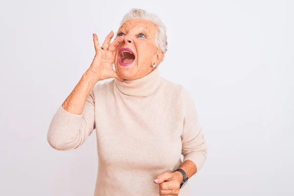 Donna Anziana Dai Capelli Grigi Indossa Maglione Dolcevita Piedi Sopra — Foto Stock