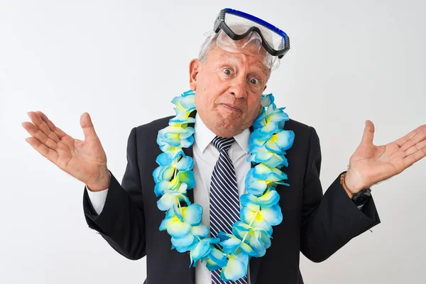 Senior Businessman Wearing Suit Hawaiian Lei Diving Goggles Isolated White — Stock Photo, Image