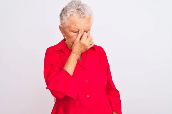 Senior Grey Haired Woman Wearing Red Casual Shirt Standing Isolated — ストック写真