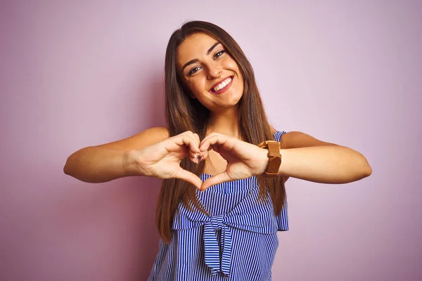 Young Beautiful Woman Wearing Striped Dress Standing Isolated Pink Background — Stockfoto