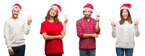 Koláž Lidí Vánočním Kloboukem Izolovaném Pozadí Usmívající Šťastnou Tváří Která — Stock fotografie