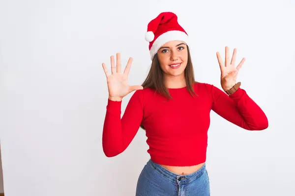 Joven Hermosa Chica Con Sombrero Navidad Santa Pie Sobre Fondo —  Fotos de Stock