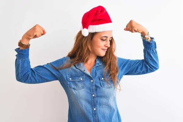 Young Beautiful Redhead Woman Wearing Christmas Hat Isolated Background Showing — ストック写真