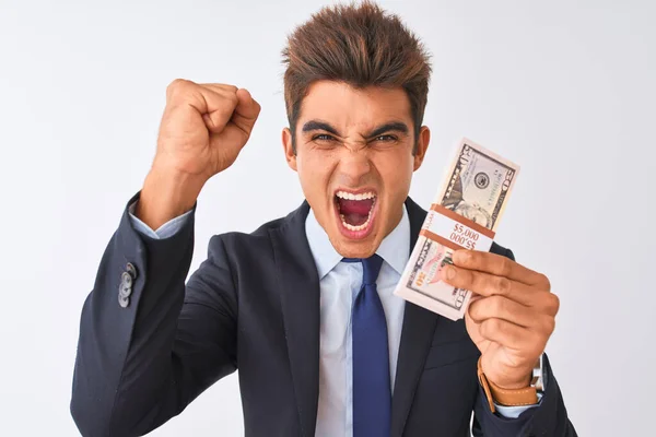 Young Handsome Businessman Wearing Suit Holding Dollars Isolated White Background — Stock Photo, Image