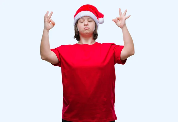 Giovane Donna Adulta Con Sindrome Che Indossa Cappello Natale Sfondo — Foto Stock