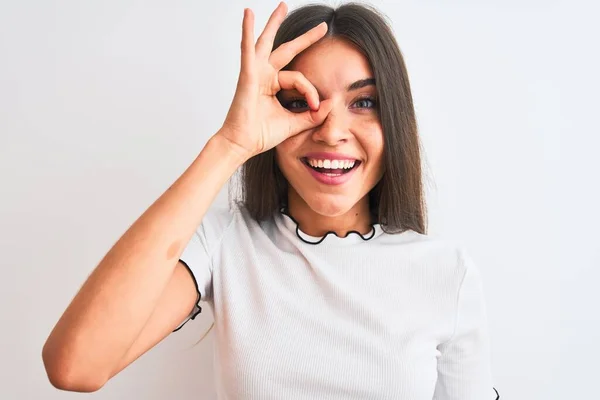 Ung Vacker Kvinna Klädd Casual Shirt Stående Över Isolerad Vit — Stockfoto