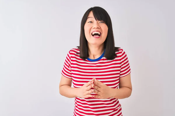 Jonge Mooie Chinese Vrouw Draagt Rood Gestreept Shirt Geïsoleerde Witte — Stockfoto