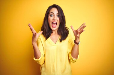 Sarı arka planda duran güzel, zarif bir kadın çılgın ve başarıyı kollarını kaldırıp heyecanla haykırarak kutluyor. Kazanan konsept