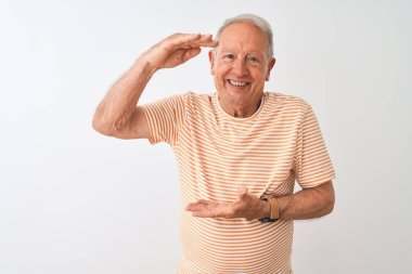 Üst düzey gri saçlı, çizgili tişört giyen, izole edilmiş beyaz arka plan üzerinde duran, elleri büyük ve büyük boy işareti gösteren, ölçü sembolü olan bir adam. Kameraya bakıp gülümsüyor. Ölçüm konsepti.