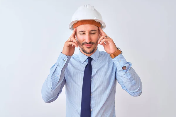 Young Business Man Wearing Contractor Safety Helmet Isolated Background Hand — Stok fotoğraf