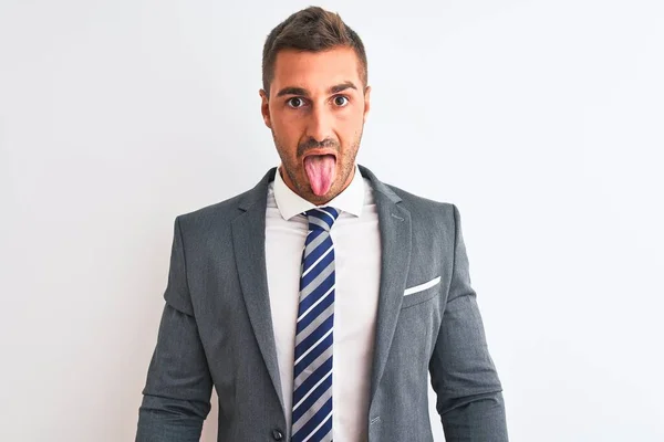 Young Handsome Business Man Wearing Suit Tie Isolated Background Sticking — Stock Photo, Image