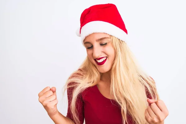 Joven Hermosa Mujer Con Sombrero Navidad Santa Sobre Fondo Blanco — Foto de Stock