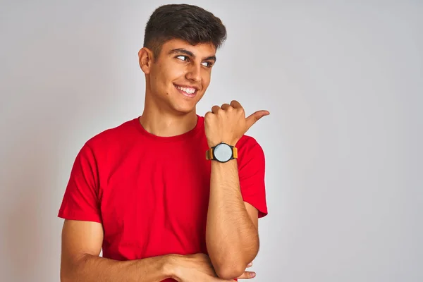 Young Indian Man Wearing Red Shirt Standing Isolated White Background — Φωτογραφία Αρχείου