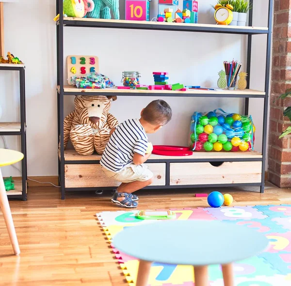 Beautiful Toddler Boy Playing Colored Small Balls Kindergarten — Stock Photo, Image