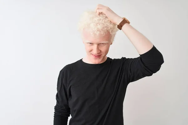 Young Albino Blond Man Wearing Black Shirt Standing Isolated White — Stockfoto