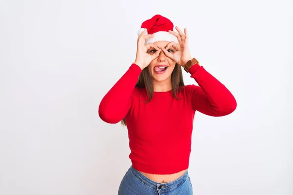 Jong Mooi Meisje Draagt Kerstman Hoed Staan Geïsoleerde Witte Achtergrond — Stockfoto