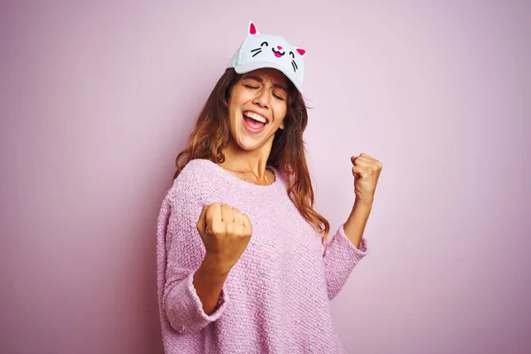 Young Beautiful Woman Wearing Funny Cat Cap Standing Pink Isolated — Φωτογραφία Αρχείου