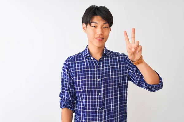 Young Chinese Man Wearing Casual Blue Shirt Standing Isolated White — ストック写真