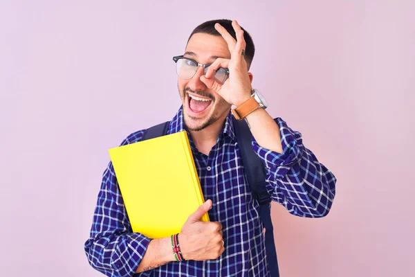 Young Handsome Student Man Holding Book Isolated Background Happy Face — ストック写真