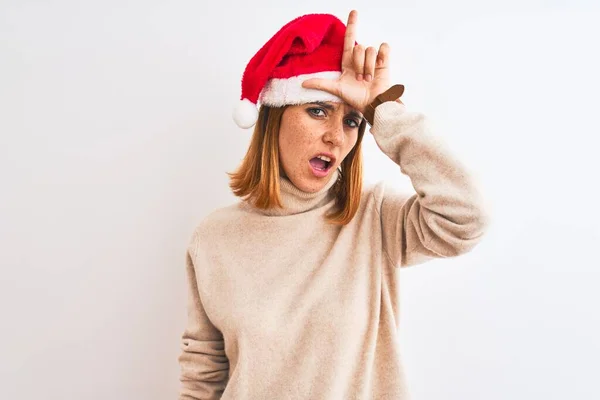 Beautiful Redhead Woman Wearing Christmas Hat Isolated Background Making Fun — ストック写真