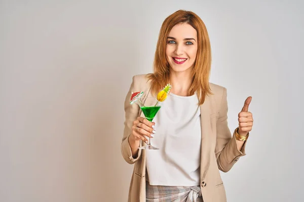 Redhead Caucasian Business Woman Drinking Summer Cocktail Isolated Background Happy — Stock Photo, Image