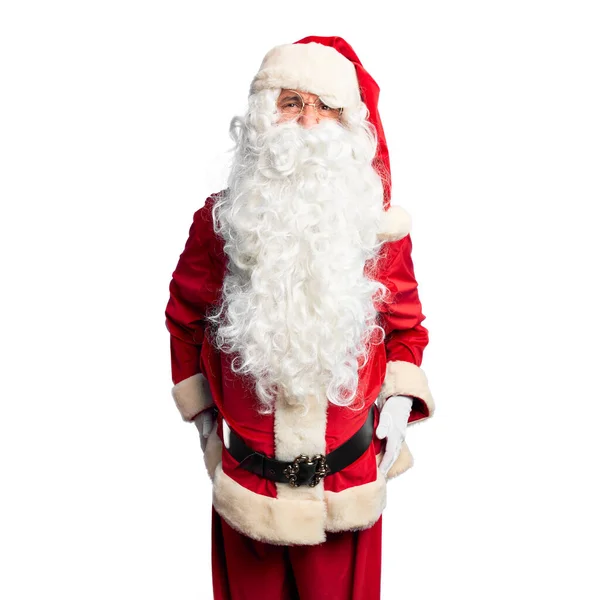 Orta Yaşlı Yakışıklı Adam Noel Baba Kostümü Sakal Takmış Kızgın — Stok fotoğraf