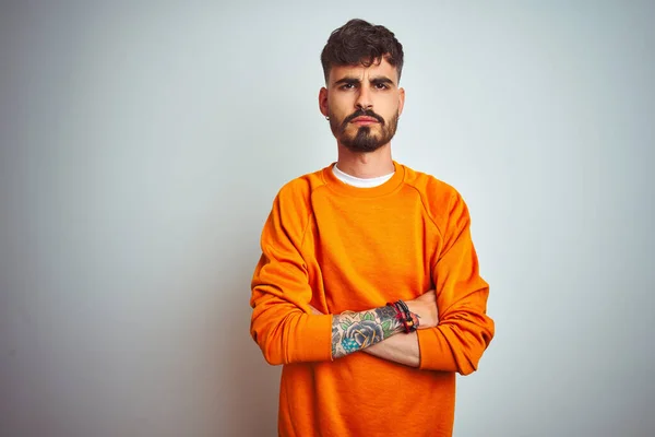 Young Man Tattoo Wearing Orange Sweater Standing Isolated White Background — Stock Photo, Image