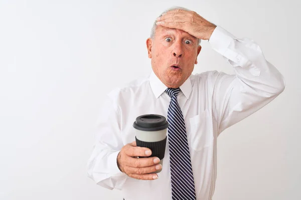 Senior Grey Haired Businessman Drinking Take Away Coffee Isolated White — Stock Photo, Image