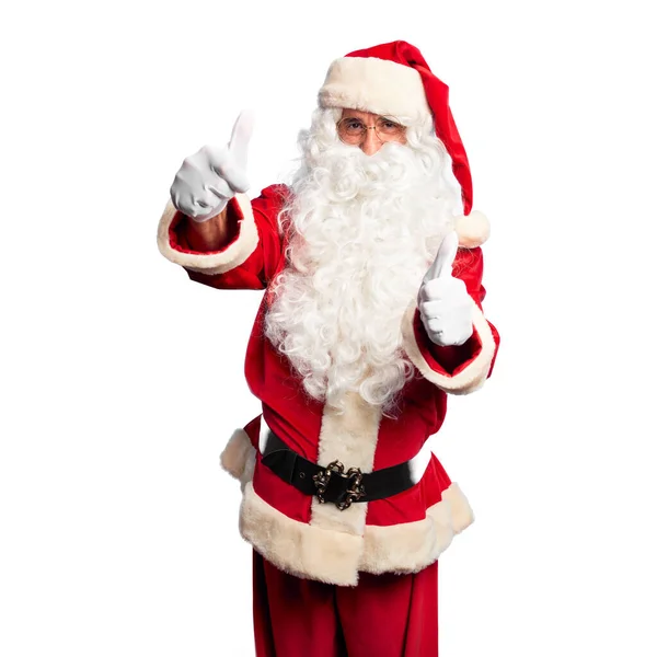 Middelbare Leeftijd Knappe Man Santa Claus Kostuum Baard Staan Goedkeuring — Stockfoto