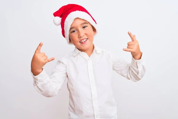 Beautiful Kid Boy Wearing Christmas Santa Hat Standing Isolated White — Stock Photo, Image