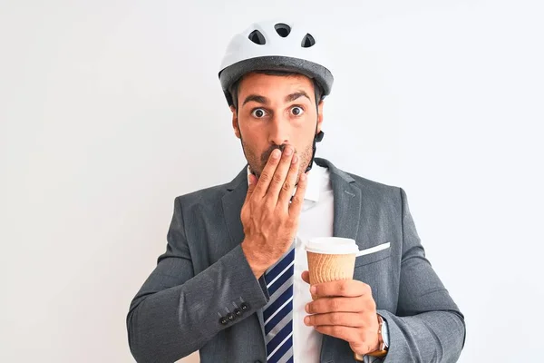 Joven Hombre Negocios Guapo Con Casco Bicicleta Tomar Café Sobre — Foto de Stock