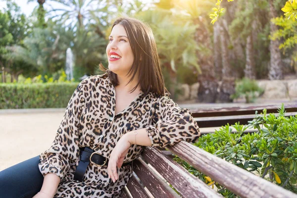 Young Beautiful Woman Red Lips Smiling Happy Sitting Bench Garden — Stock Photo, Image