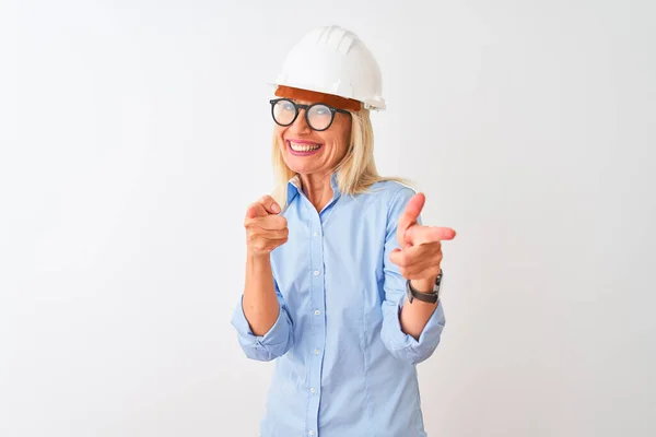 Architektin Mittleren Alters Mit Brille Und Helm Über Isoliertem Weißem — Stockfoto