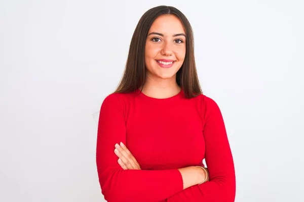 Joven Hermosa Chica Con Camiseta Casual Roja Pie Sobre Fondo —  Fotos de Stock