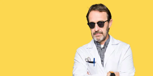 Handsome Middle Age Doctor Man Wearing Sunglasses Skeptic Nervous Disapproving — Stock Photo, Image