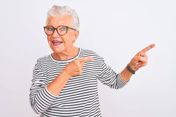 Senior Grey Haired Woman Wearing Striped Navy Shirt Glasses Isolated — ストック写真