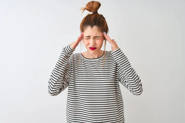 Redhead Woman Wearing Navy Striped Shirt Standing Isolated White Background — Stock Photo, Image