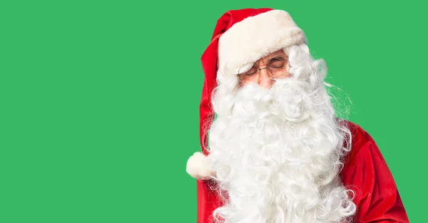 Красунчик Середнього Віку Одягнений Костюм Санта Клауса Бороду Стоїть Рукою — стокове фото