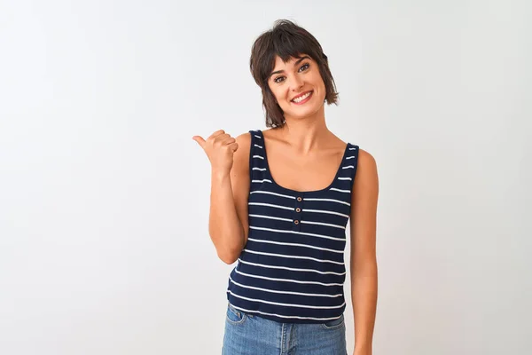 Young Beautiful Woman Wearing Striped Shirt Standing Isolated White Background — Stock Photo, Image