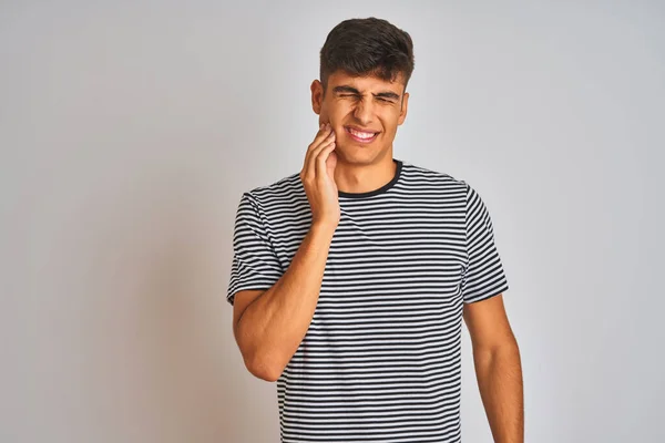 Young Indian Man Wearing Navy Striped Shirt Standing Isolated White — Stock Photo, Image